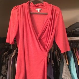 Coral faux wrap elbow length top